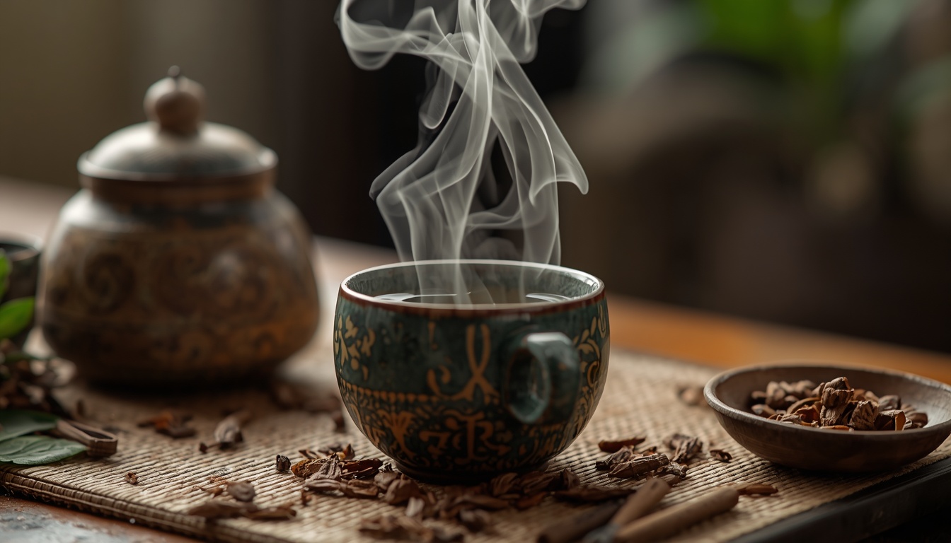 Steaming cup of herbal tea ritual